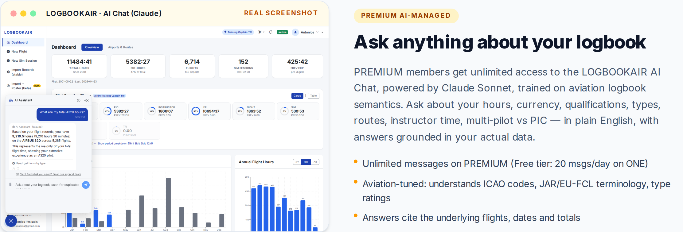 AI Chat answering pilot logbook questions