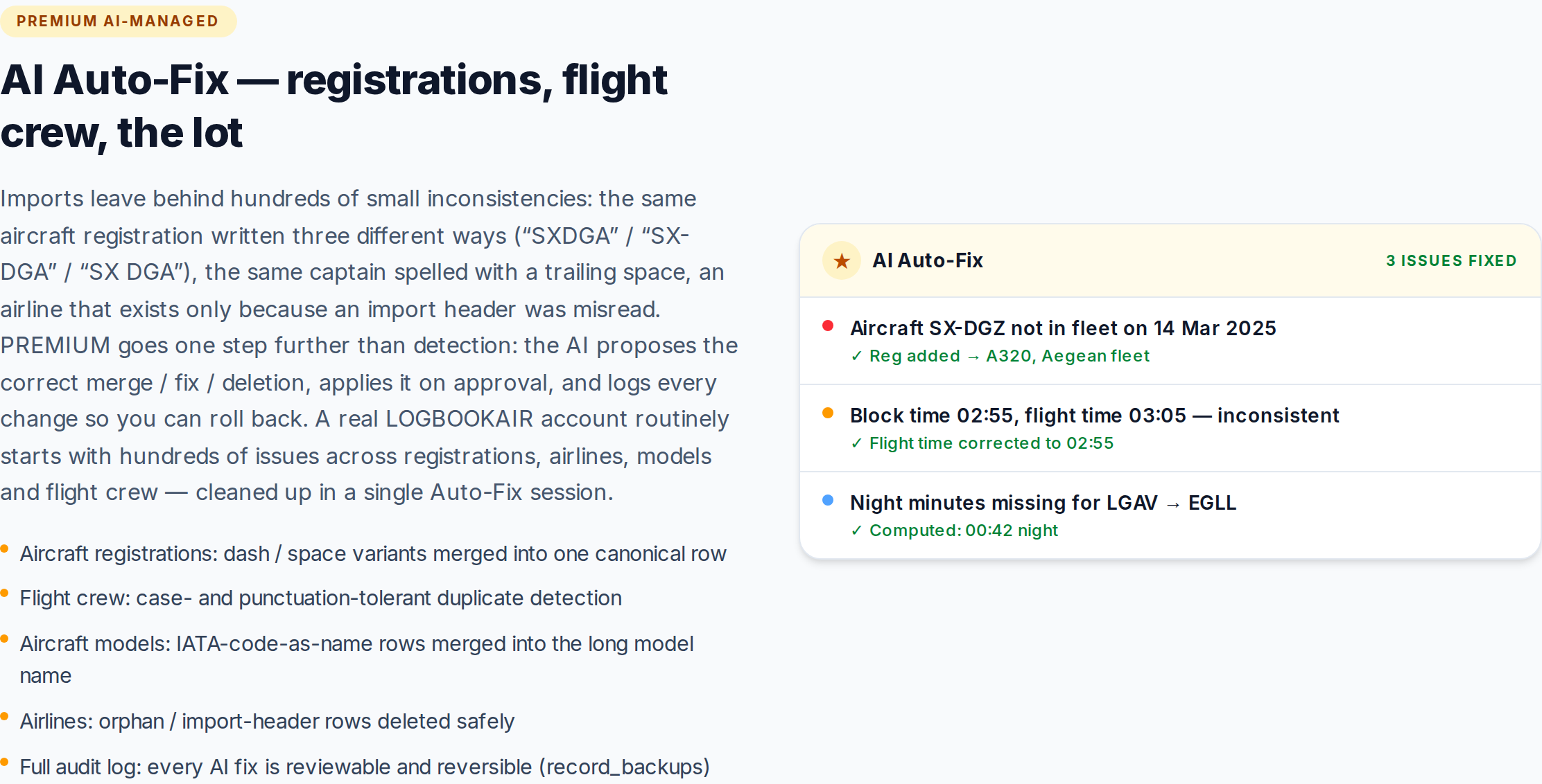 AI Auto-Fix correcting logbook errors in real time