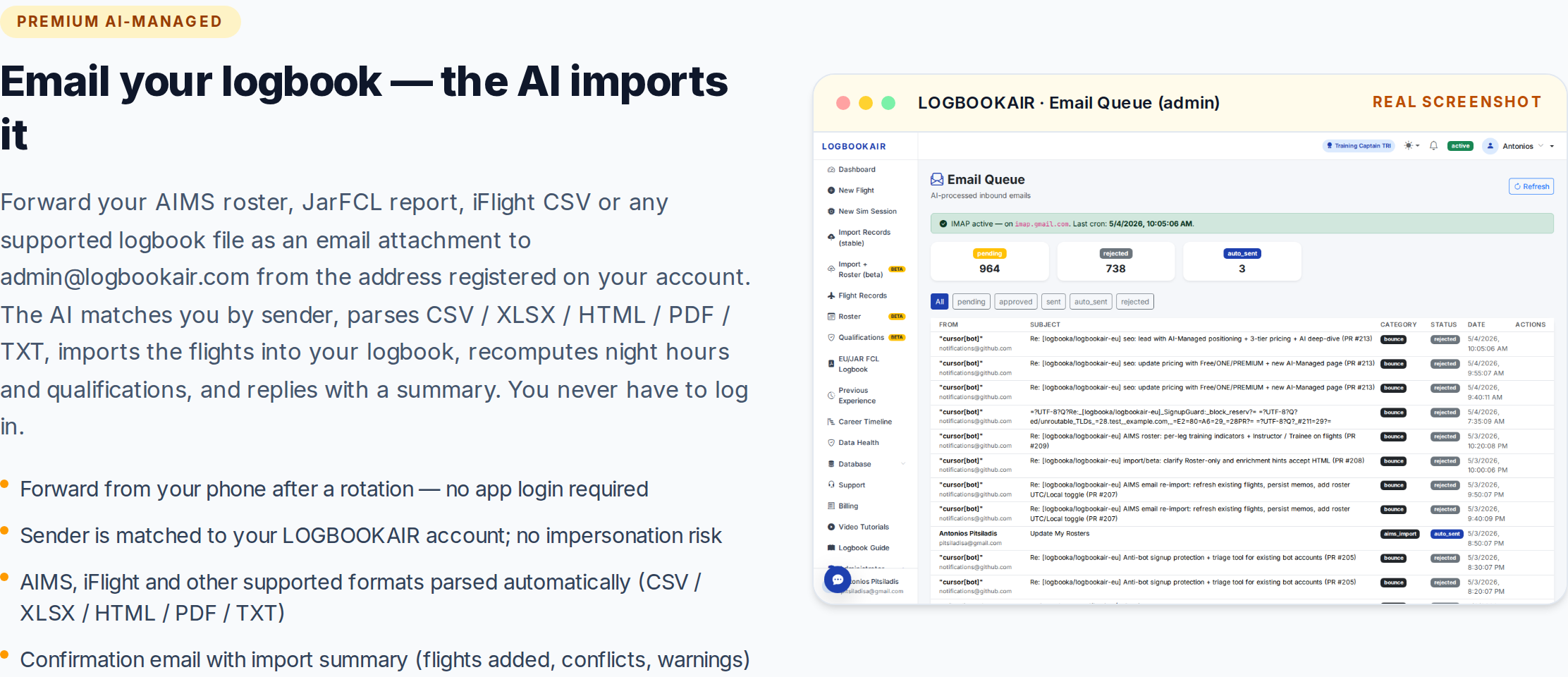 Email roster import processed by AI
