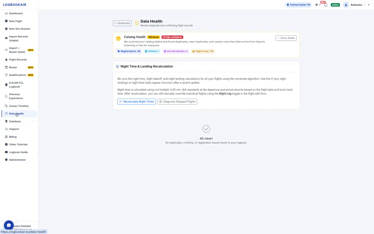 LOGBOOKAIR Data Health page: Catalog Health scan with 159 issues / 53 high-confidence (registrations, airlines, aircraft models, flight crew), plus Night Time recalculation