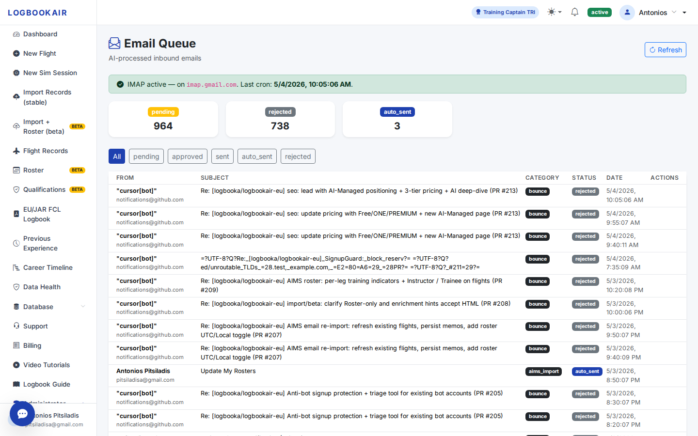 LOGBOOKAIR admin Email Queue showing real inbound emails — including a pilot's roster forwarded to admin@logbookair.com classified as aims_import and auto-imported