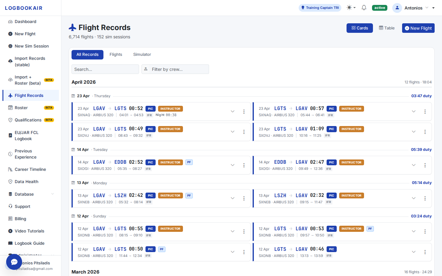 LOGBOOKAIR flight records showing detailed logbook entries with departure, arrival, aircraft type, flight times, and crew information